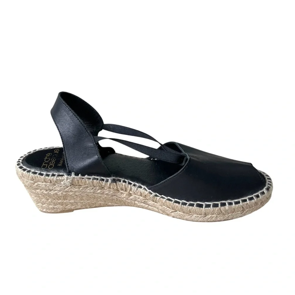 ANDRE ASSOUS Spain Leather Sling Back Peep Toe Wedge Espadrilles Sandal Black 10